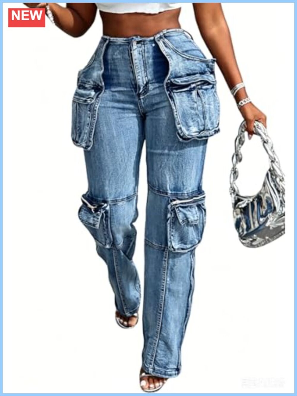 High Waisted Straight Leg Stretch Cargo Jeans Polyester Spandex Denim Pants